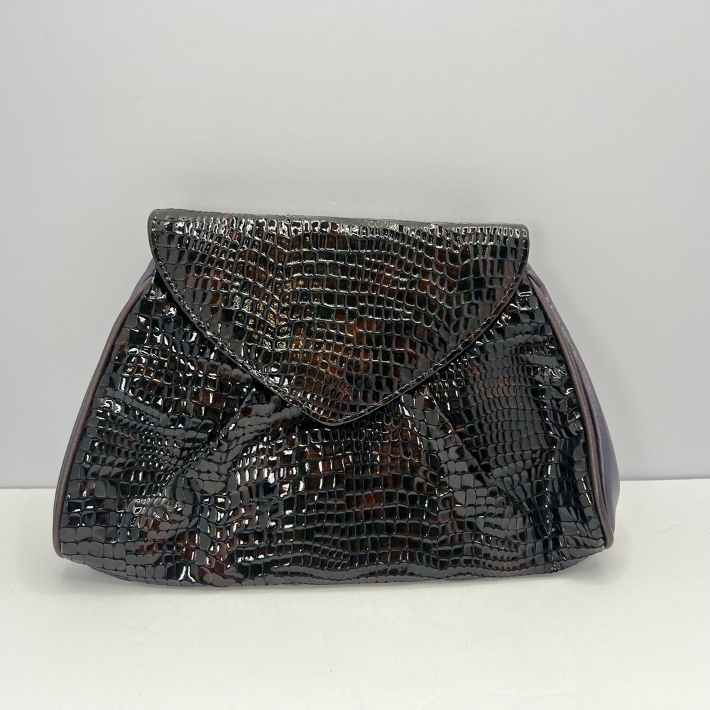 Vintage Faux Croc Clutch Envelope Evening Bag Brown Purple Chic Retro Midcentury